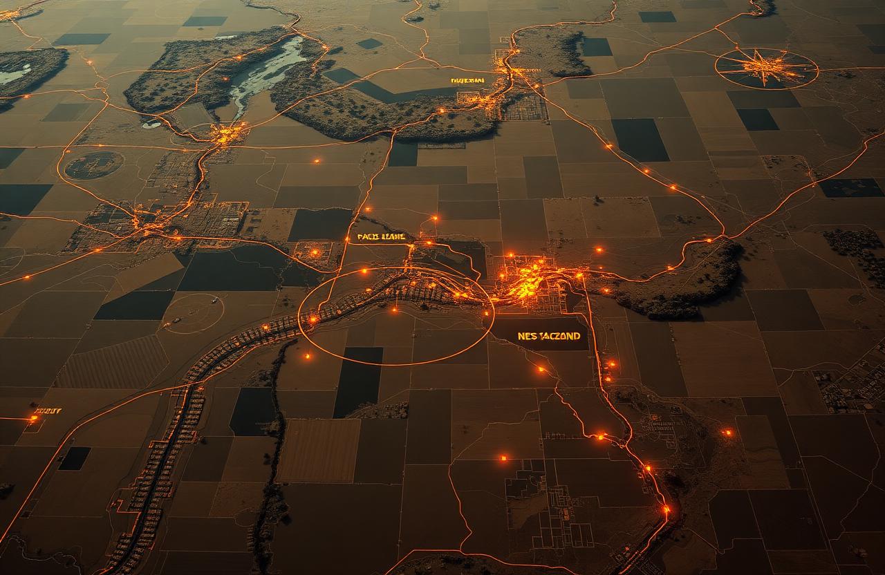 Aerial view of US farmland and rural property boundaries with terrain elevation data